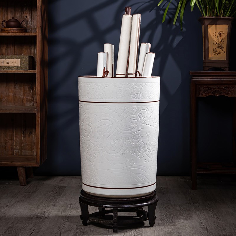 景德镇陶瓷轻奢书画缸箭筒客厅大花瓶中式书房字画桶雨伞收纳摆件