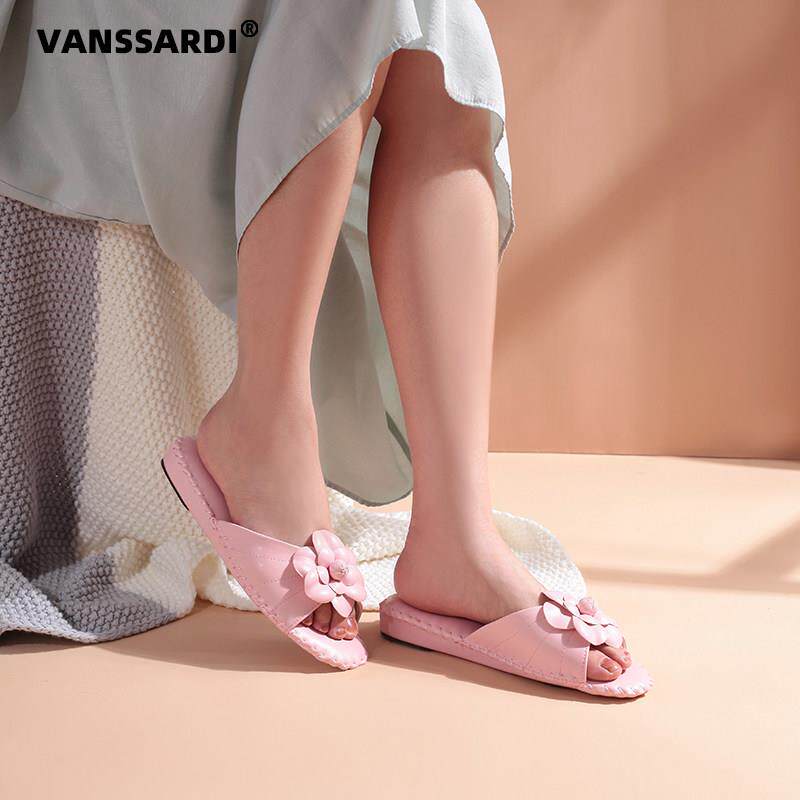 梵萨帝夏款女花朵室内家居一字皮拖鞋软底防滑可爱茶花地板凉拖