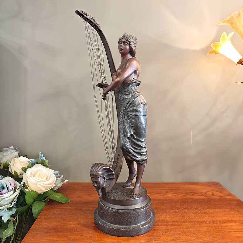 欧式人物雕塑纯铜摆件竖琴女神雕像音乐家古铜色家居装饰品高48CM