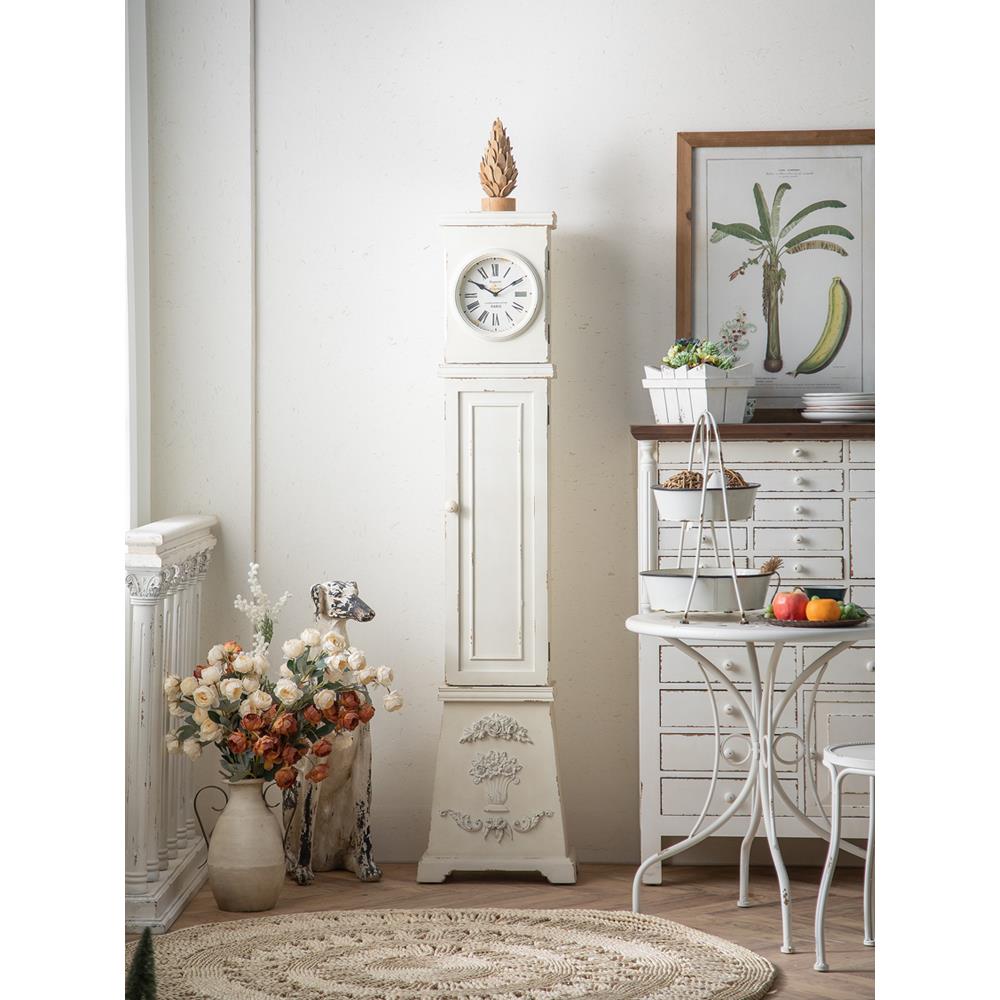 法式复古做旧原装白色落地钟立式储物柜收纳柜阳台客厅装饰钟表柜