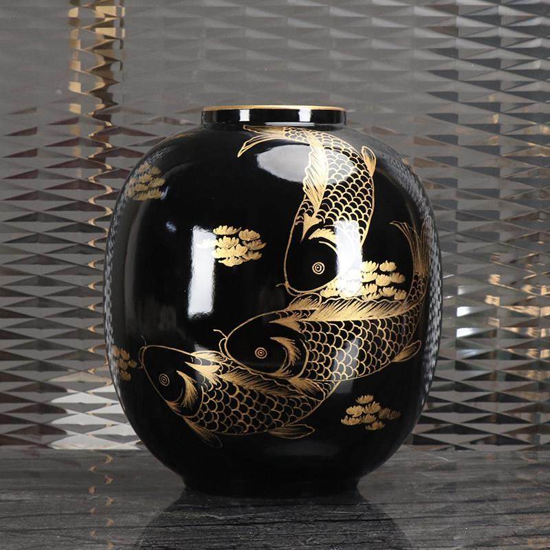 新中式手绘黑色描金鲤鱼陶瓷花瓶摆件样板房间客厅书房酒柜装饰品,家居饰品,花瓶,淘宝优惠券,粉丝福利购,淘宝优惠卷