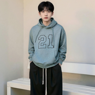 新款连帽卫衣21数字绣花款韩系少年感日常休闲潮男学生党舒适百搭