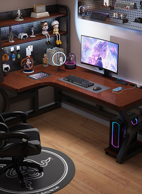 实木转角电脑桌家用台式书桌卧室双人电竞桌书架一体L型拐角桌子