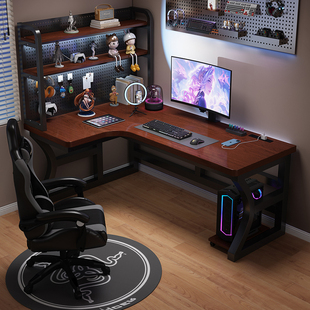 实木转角电脑桌家用台式书桌卧室双人电竞桌书架一体L型拐角桌子
