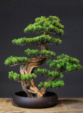 新中式彷真绿色植物迎客松盆景栽客厅电视柜玄关装饰品酒店办公室