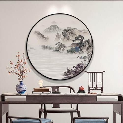 新中式装饰画办公室圆形入户玄关客厅画山水画禅意茶室挂画水墨画