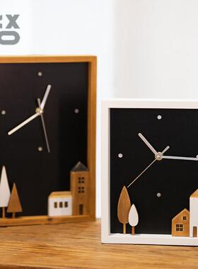 YBOX木制小屋挂钟长方形简约桌面摆件客厅挂饰家用时钟饰品电池款