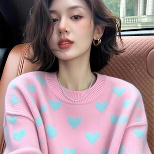 韩系chic慵懒风粉色圆领长袖毛衣针织衫女秋季款洋气宽松显瘦上衣