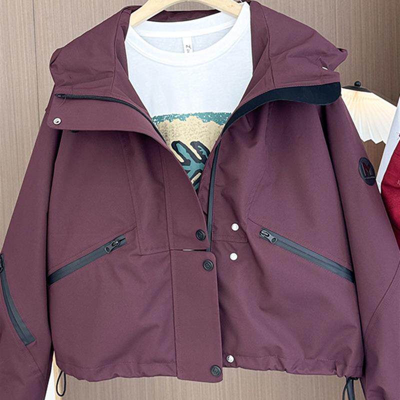 新品连帽冲锋衣外套女秋冬2025新款大码胖MM宽松夹棉休闲工装夹克