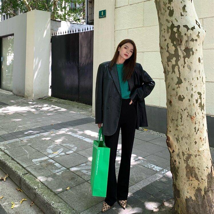 极速皮衣西装外套女春秋欧货宽松复古休闲黑色小西装机车服皮夹克