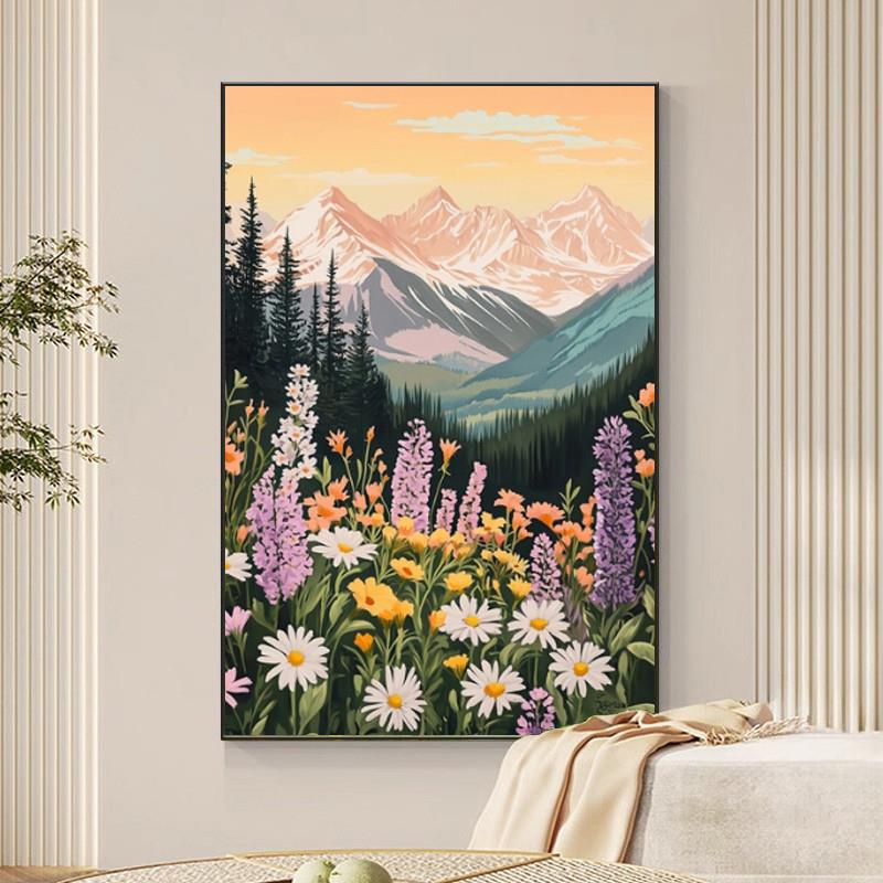 新品北欧粉色雪山花朵风景卧室装饰画风玄关走廊过道挂画进门客厅图片