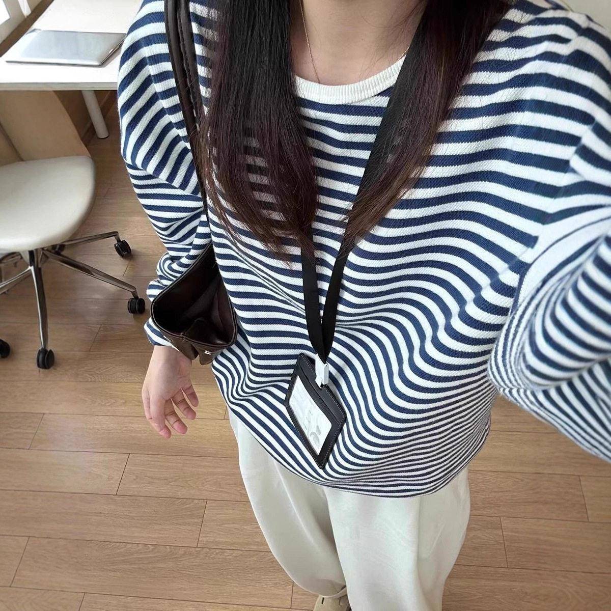 极速韩系蓝白条纹圆领卫衣女早秋季港风chic松弛感慵懒风宽松长袖