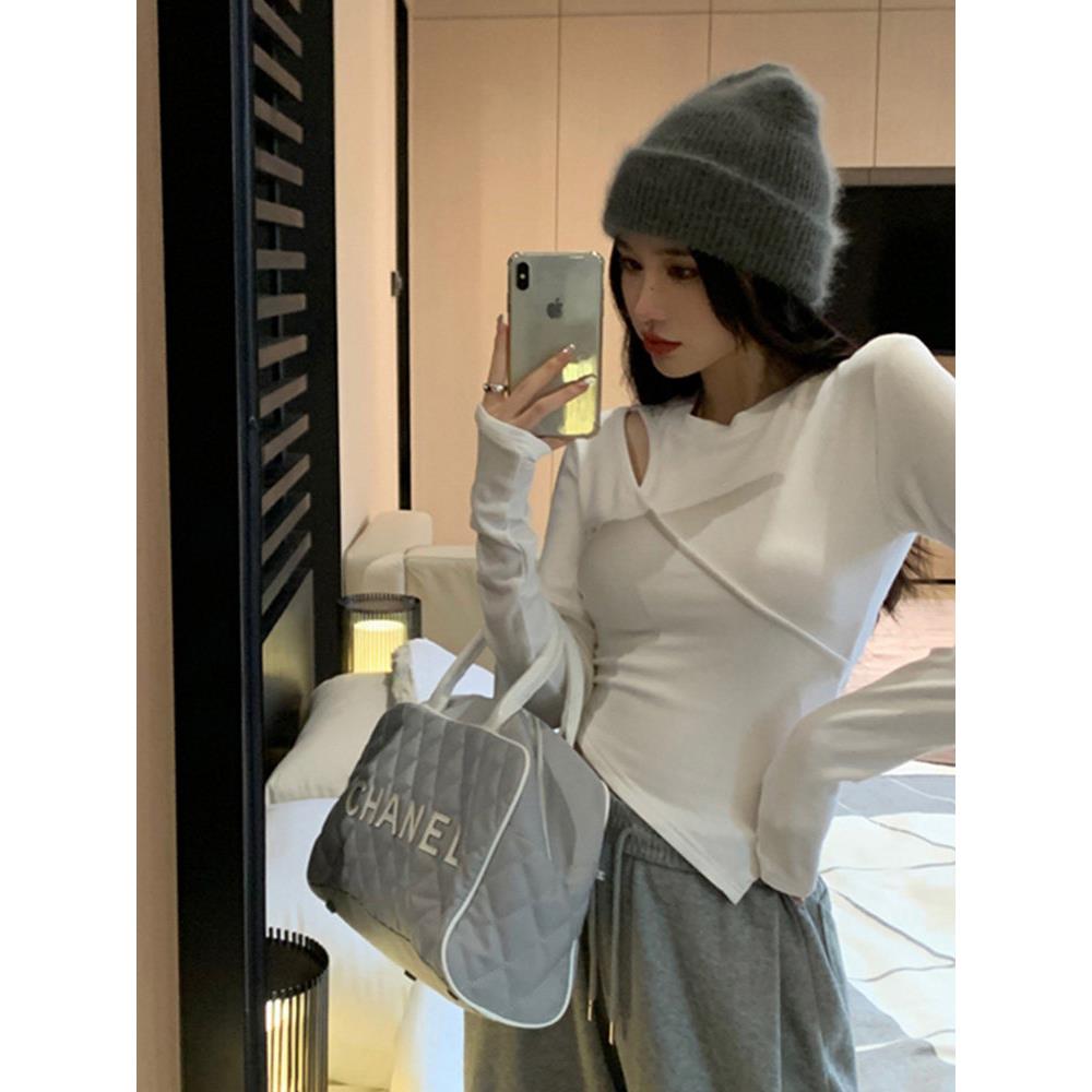 极速纯色正肩白色长袖t恤女春秋不规则交叉抽褶修身收腰镂空短款
