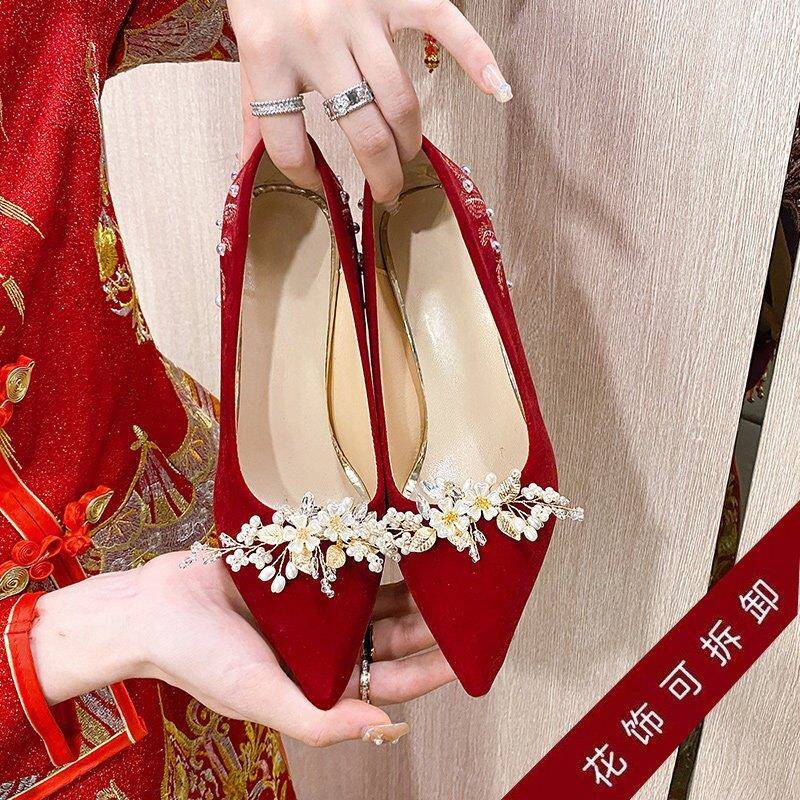 极速红色绒面高跟鞋婚鞋新娘鞋女中式秀禾服小众高级感不累脚尖头