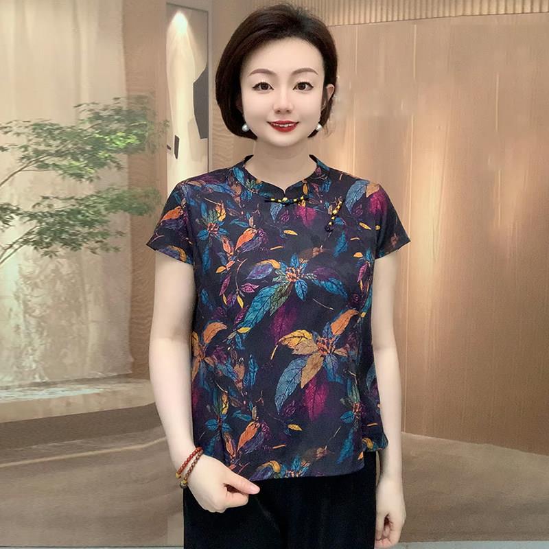 极速中老年妈妈装新中式立领印花短袖衬衫女复古盘扣国风上衣紫色