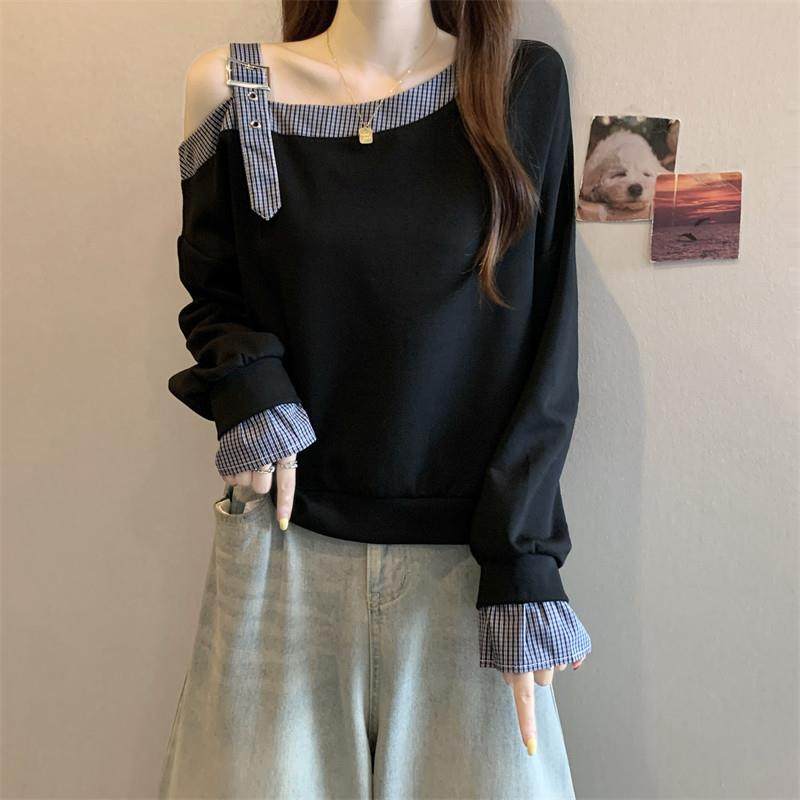 推荐超火短款卫衣女款春秋2025大码胖mm显瘦设计感斜领露肩上衣打