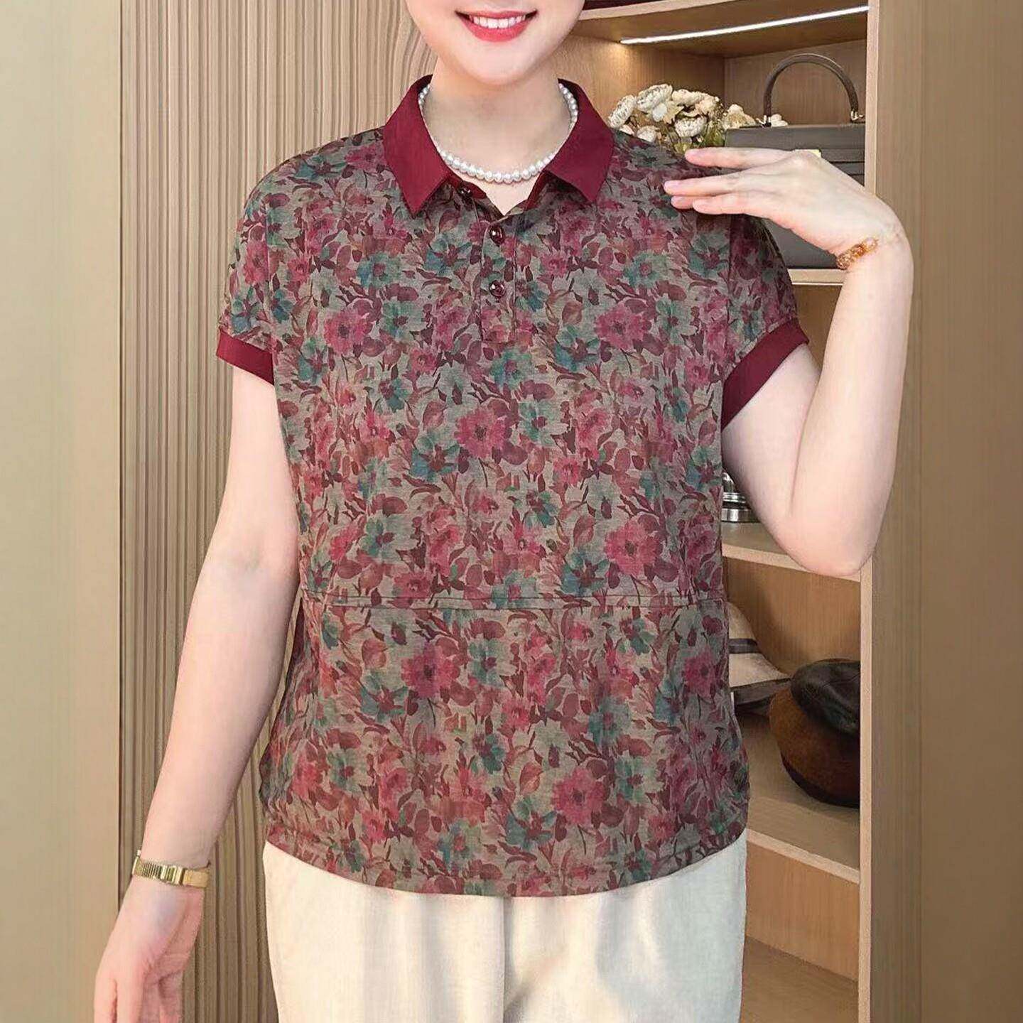 极速中年妈妈装碎花上衣休闲显瘦2026年新款Q翻领遮肚子短袖t恤衫