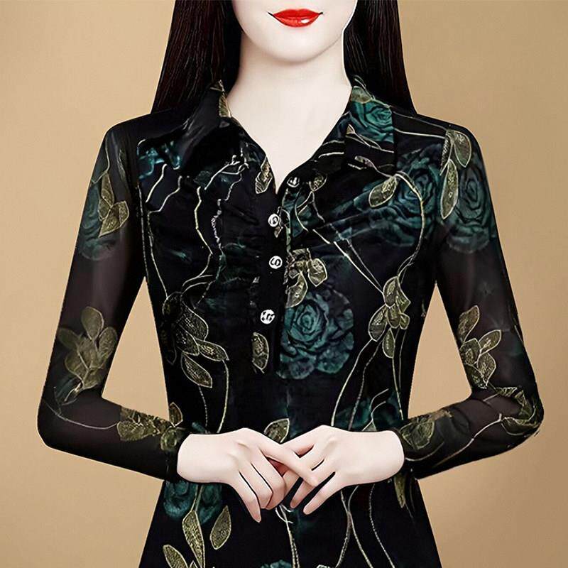 极速洋气妈妈打底衫女士2026秋冬季高级感网纱长袖衬衫翻领套头上