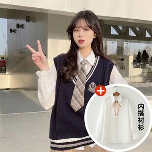 推荐初中生女秋装学生少女学院风针织衫V领马甲背心JK毛衣外套马