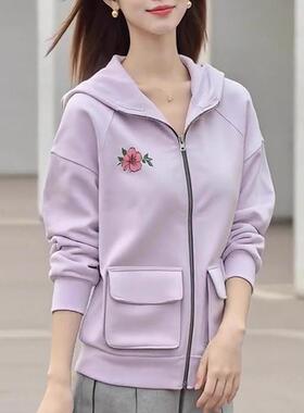 新品韩系chic绝美紫色印花连帽卫衣开衫女秋季款通勤洋气宽松外套