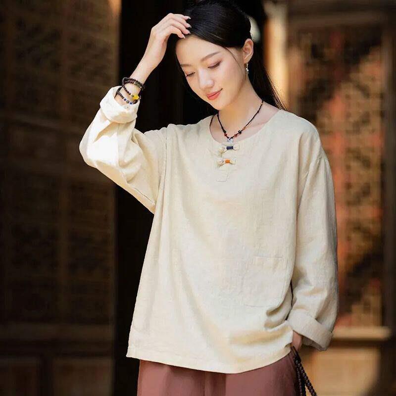 极速新中式棉麻套装女复古盘扣长袖上衣宽松灯笼裤居士服禅茶服两