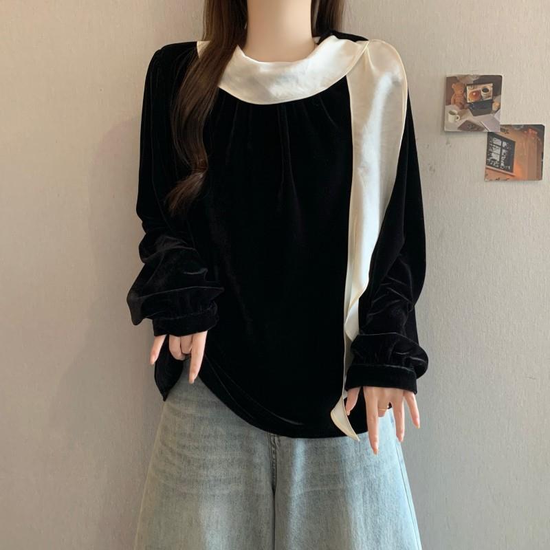 极速大码时尚独特飘带领丝绒长袖T恤女秋冬季胖MM宽松遮肚子打底