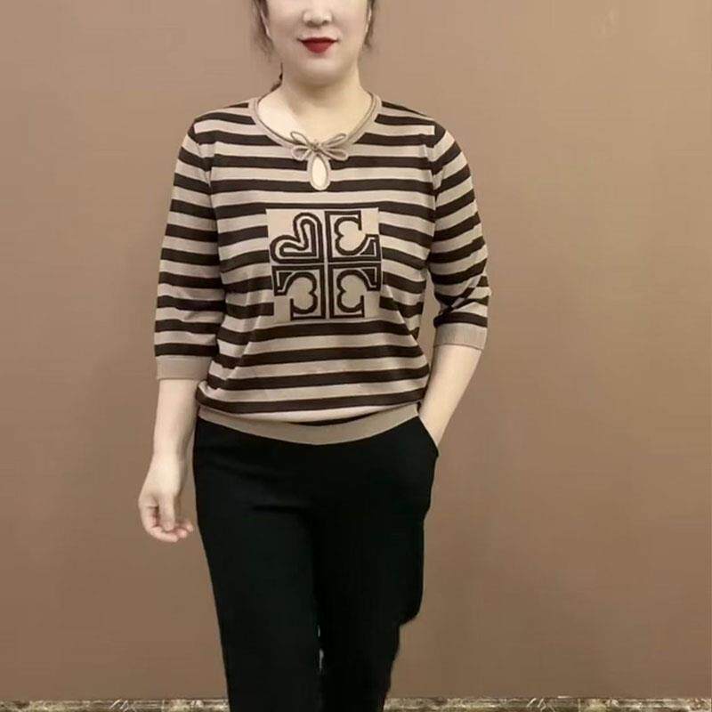 极速中年妈妈时尚条纹七分袖T恤女2026秋季新款宽松遮肚百搭洋气
