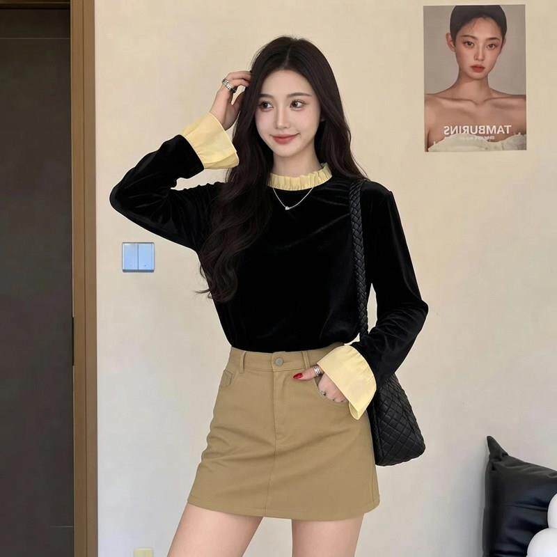 极速黑色丝绒长袖T恤女2026早秋款简约休闲打底衫花边设计感小众