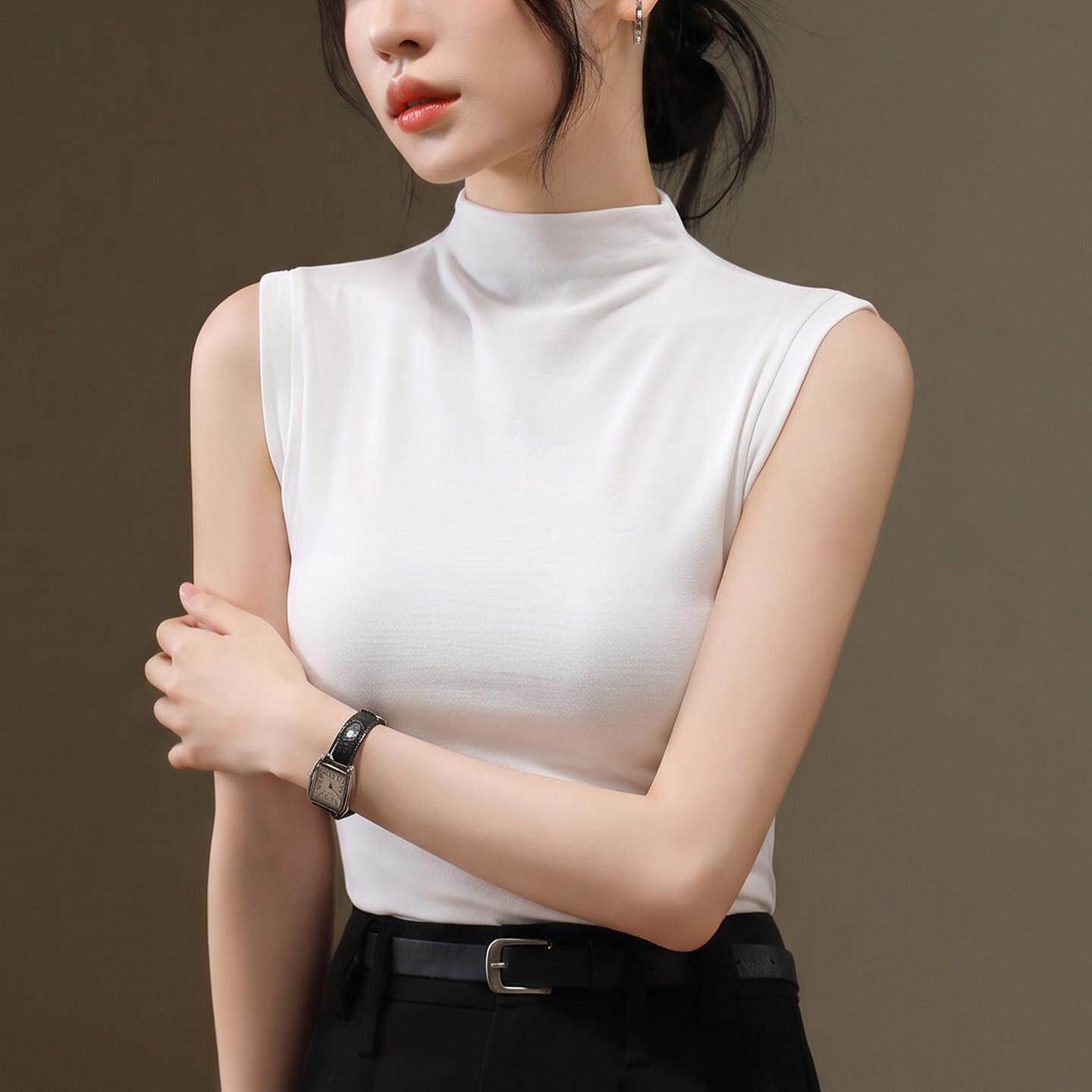 极速莫代尔半高领无袖背心女秋季新款黑色显瘦内搭坎肩外穿打底衫