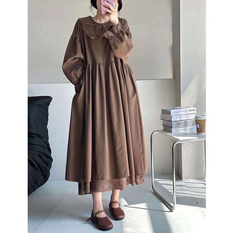 极速大码女装300斤洋气娃娃领长袖连衣裙胖mm秋季森系宽松甜美衬
