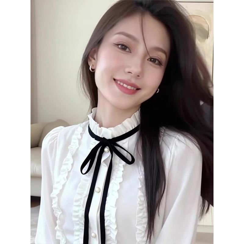 极速小香风木耳边白色衬衫女蝴蝶结飘带长袖上衣高级感学院风内搭