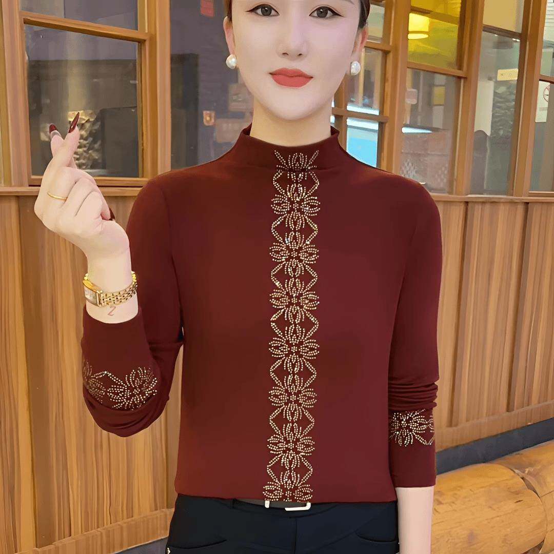 极速半高领烫钻t恤衫女秋冬季洋气妈妈百搭时尚显瘦长袖打底德绒