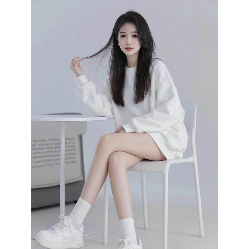 极速白色圆领重磅卫衣女2026新款韩系漂亮中长款宽松休闲气质纯色