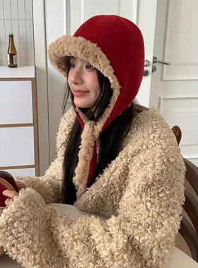 Ankesela红色雷锋帽女式秋冬保暖露脸小带帽加厚防寒耳帽