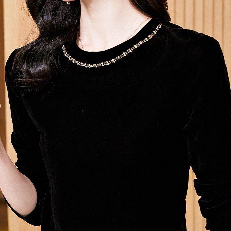 极速2026早秋新款黑色镶钻圆领长袖t恤女丝绒上衣洋气高级感打底