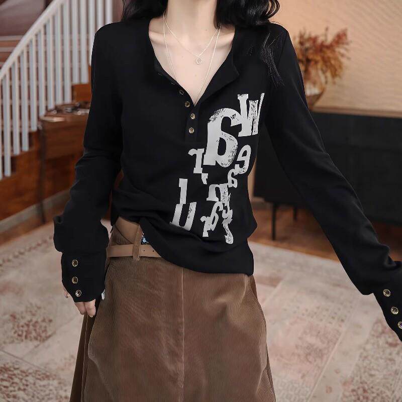 极速设计感时尚印花长袖t恤女2026秋季新款大码胖mm显瘦宽松百搭