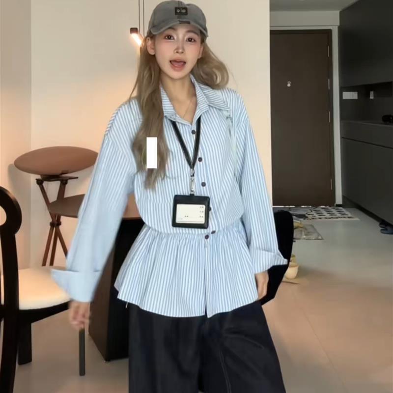 法式复古Polo领条纹衬衫女早秋高级感下摆花边衬衣中长款掐腰上衣