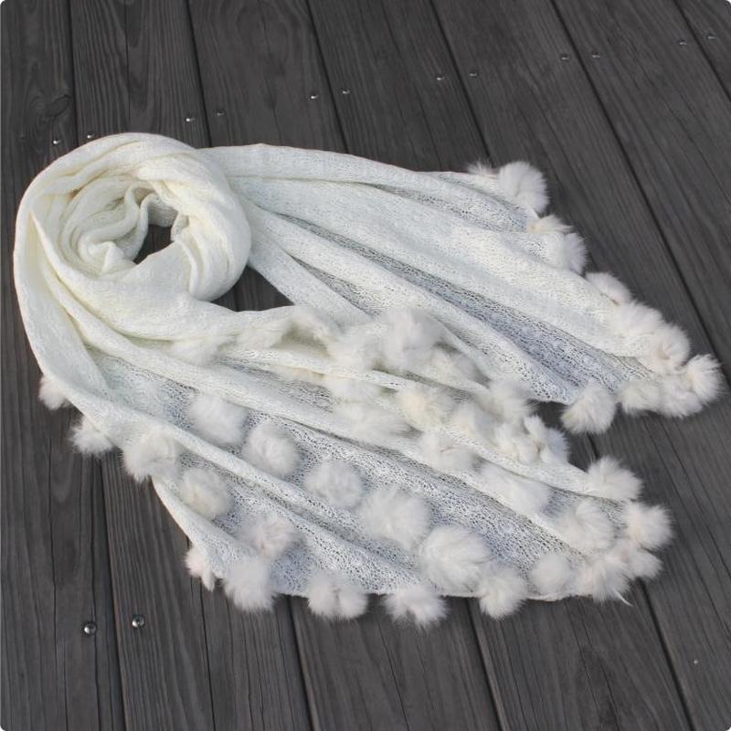 韩式女兔毛球球秋冬白针织皮草披肩两用超长围巾围脖包邮