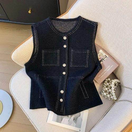 推荐老钱风明线针织马甲背心女2025秋季大码胖mm宽松显瘦无袖开衫