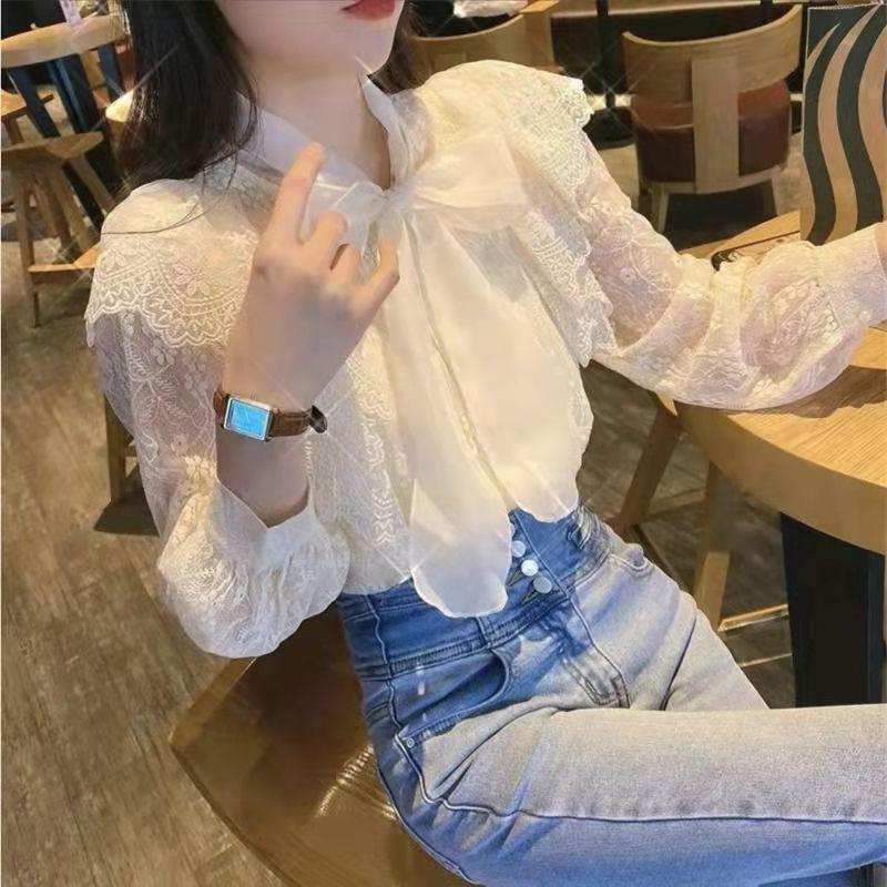 极速超仙的蝴蝶结长袖蕾丝衬衫女春秋款欧货洋派高级显瘦打底内搭