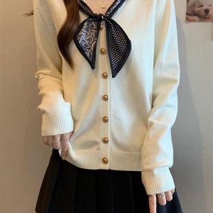 新品韩系翻领丝巾系带针织开衫女2025新款大码胖mm显瘦遮肚小香风