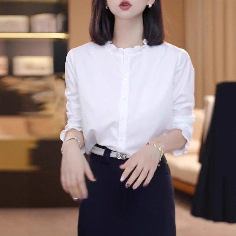 极速纯棉法式木耳边白色衬衫女秋季大码胖mm宽松显瘦气质内搭打底