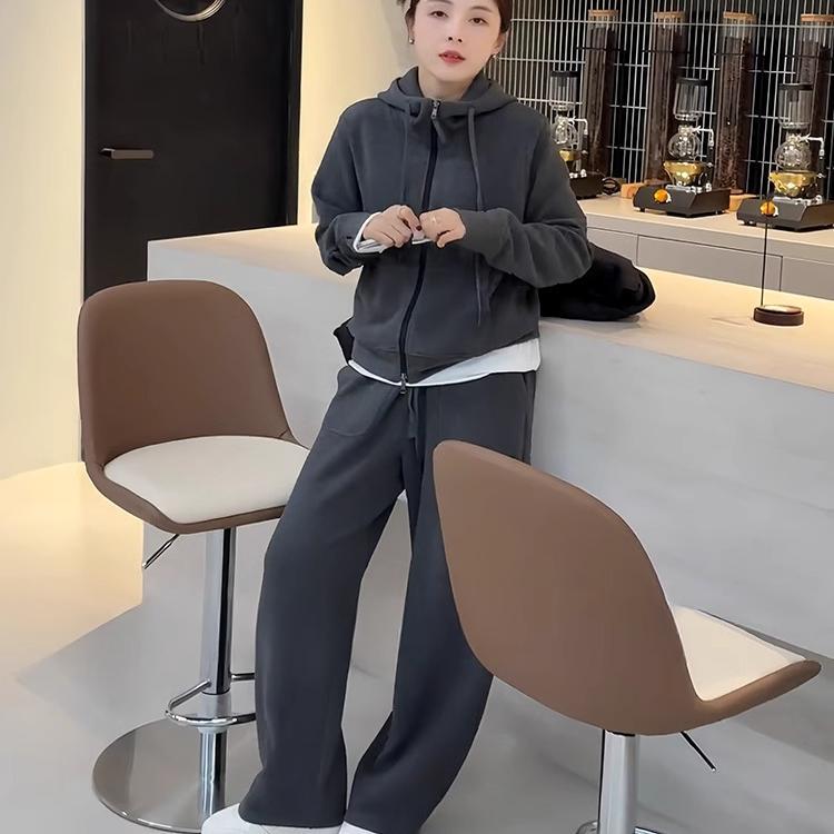 极速高级感秋冬休闲套装加绒长袖连帽卫衣外套女软糯垂感长裤两件