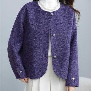紫色小香风双面羊绒大衣女短款2025秋冬新款小个子宽松羊毛呢外套