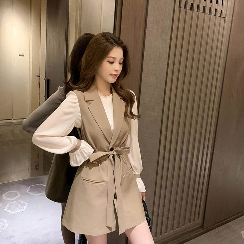 极速盐系轻熟两件套装女春秋韩版小个子职业气质西装马甲配喇叭袖