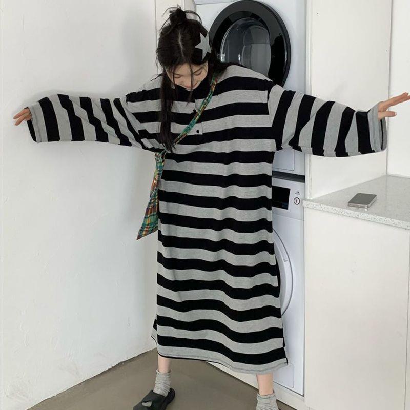 极速大码女装300斤慵懒风条纹连衣裙胖mm秋季遮肚显瘦polo领长款T