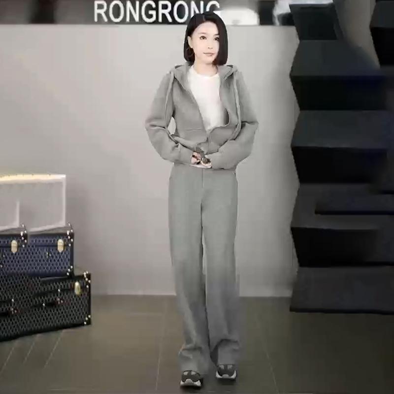 极速春季套装女2026新款时尚休闲运动宽松灰色连帽卫衣高腰显瘦阔