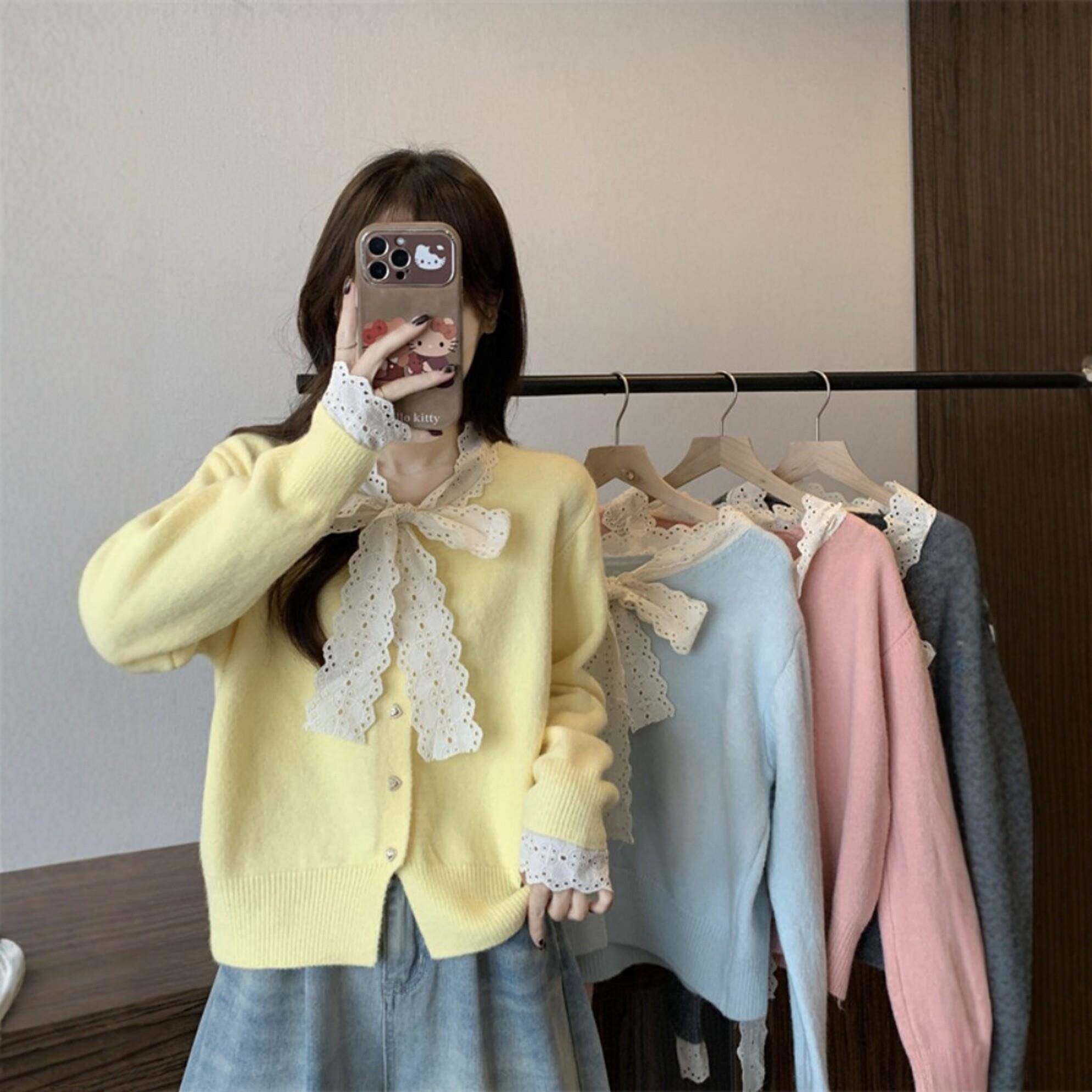 极速奶呼呼蓝色蝴蝶结针织开衫毛衣女宽松春秋季别致洋气时尚外穿