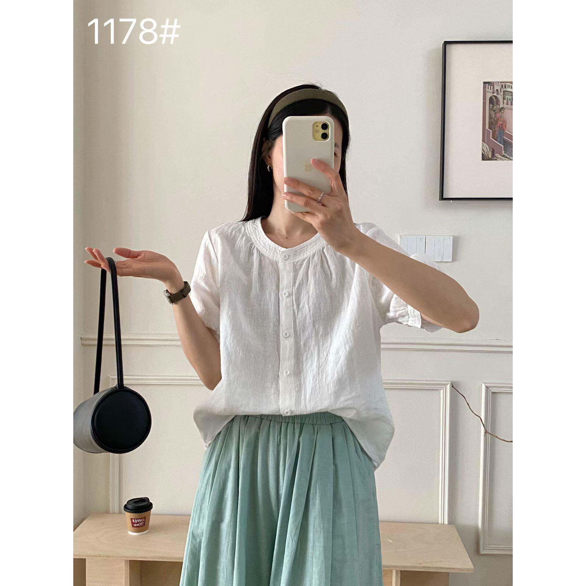 极速新品春森系纯色纱洗亚麻刺绣短袖衬衫女宽松圆领单排扣上衣清