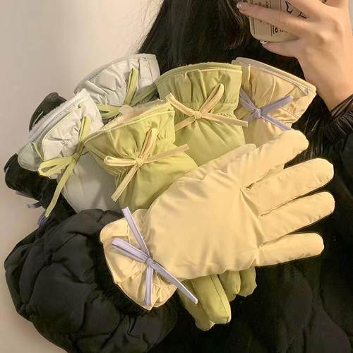 网红蝴蝶结毛绒手套女冬季